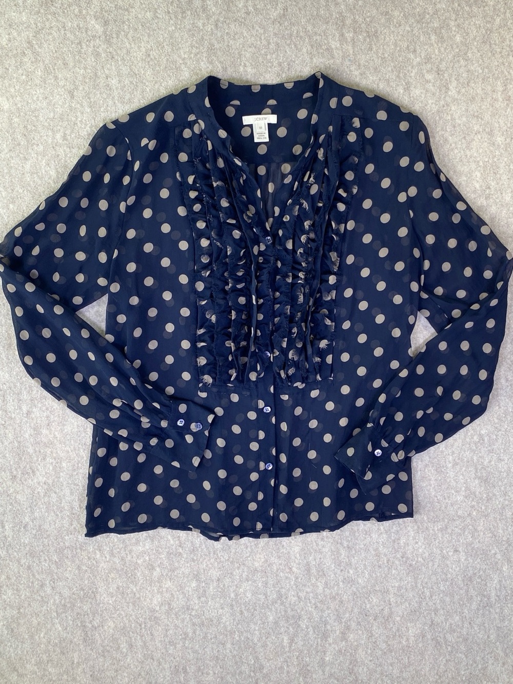 J. Crew 100% Silk Navy Polka Dot Button Blouse Size 10